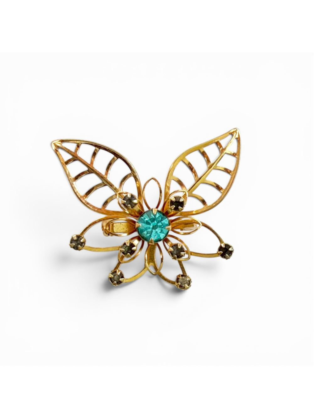 1940s Aqua Blue Rhinestone Floral Brooch Pendant, Vintage Gold Tone Leaf Spray